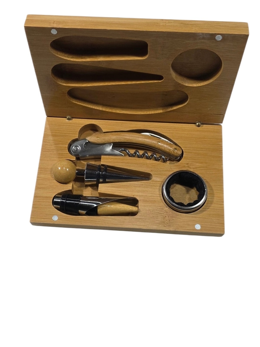 Pongo Bamboo Wine Tool Gift Set Corkscrew Stopper Drip Ring 4 Piece New